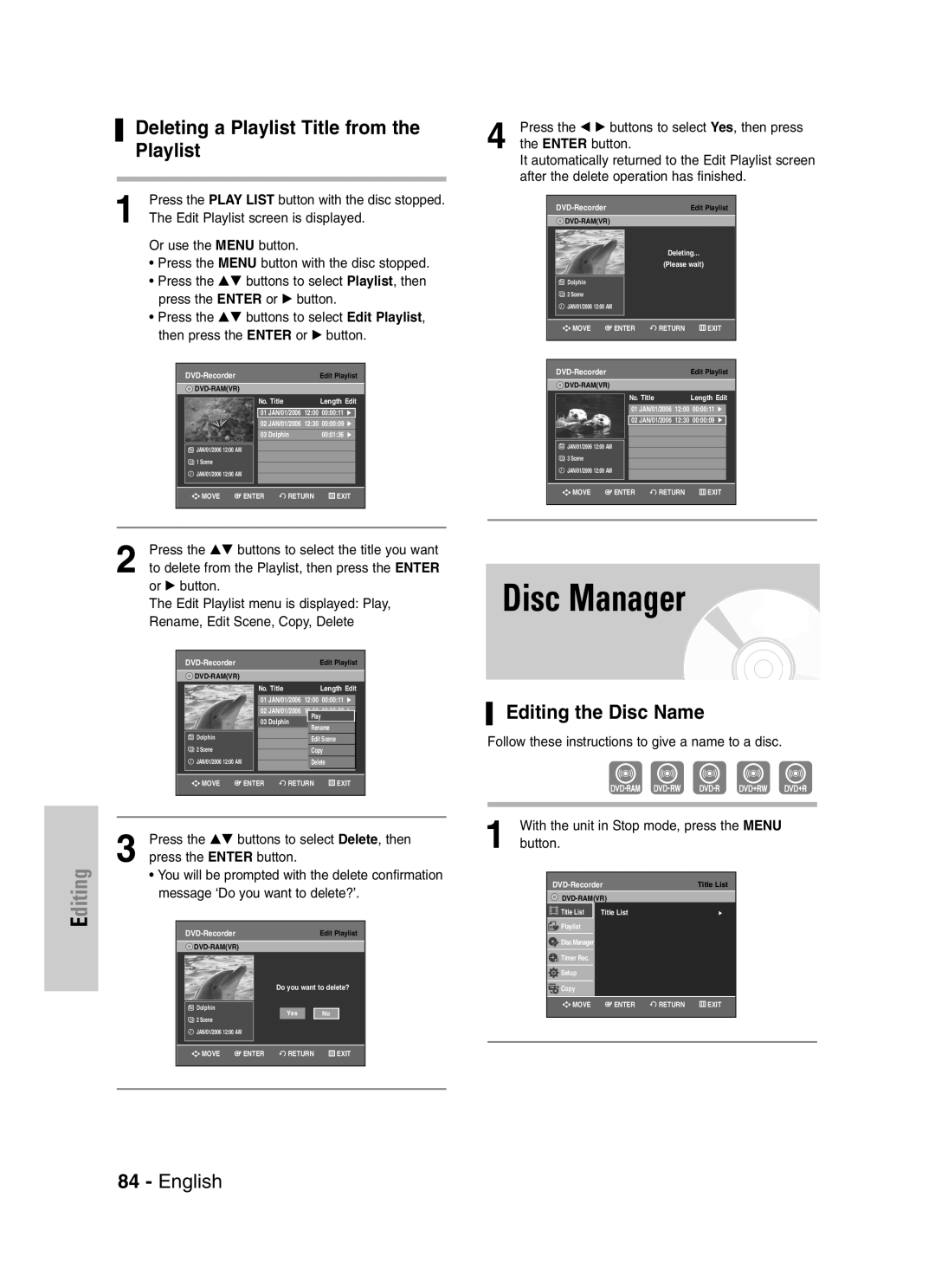 Samsung DVD-VR329 instruction manual Disc Manager, Deleting a Playlist Title from the Playlist, Editing the Disc Name 