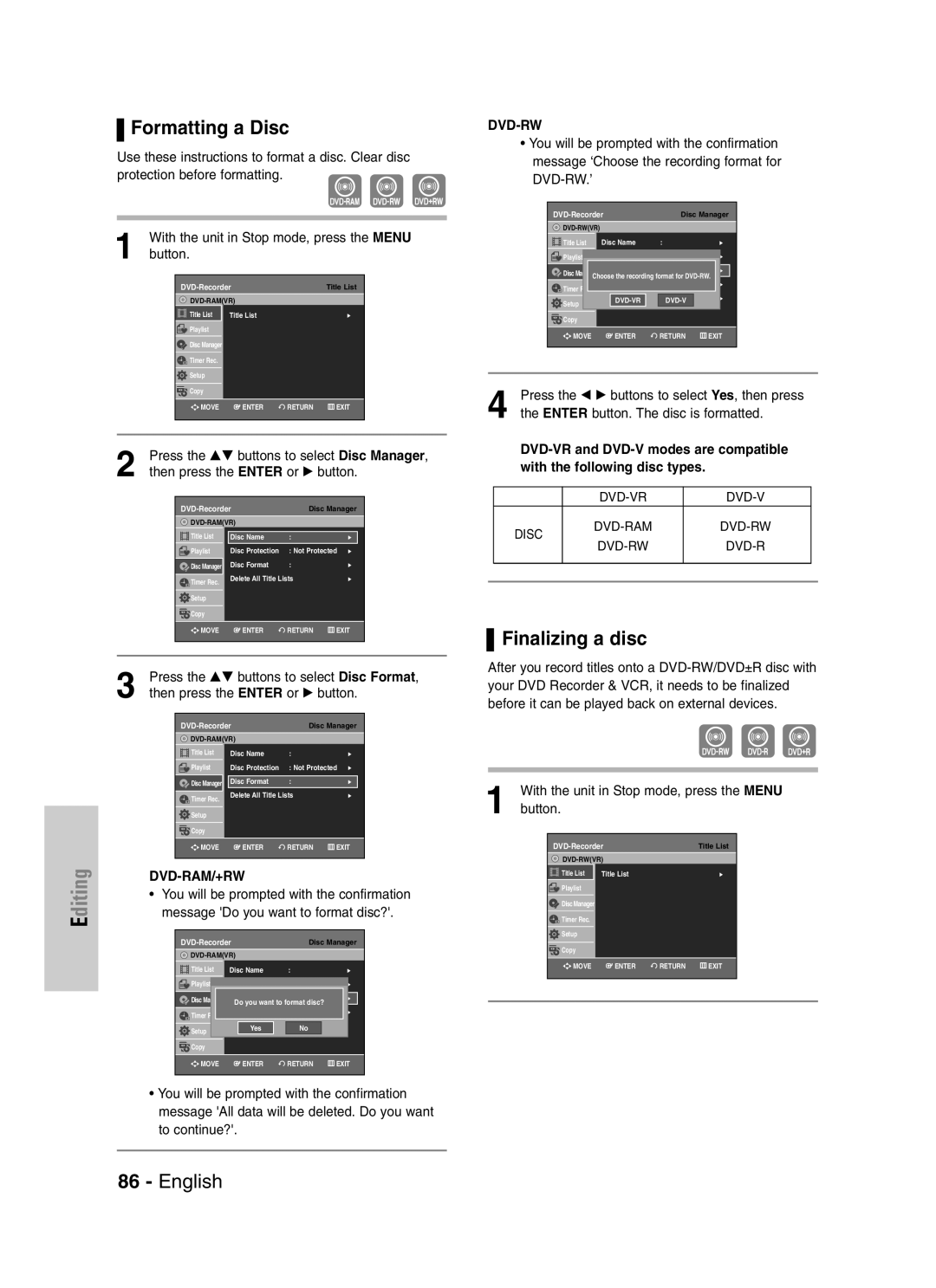 Samsung DVD-VR329 instruction manual Formatting a Disc, Finalizing a disc 