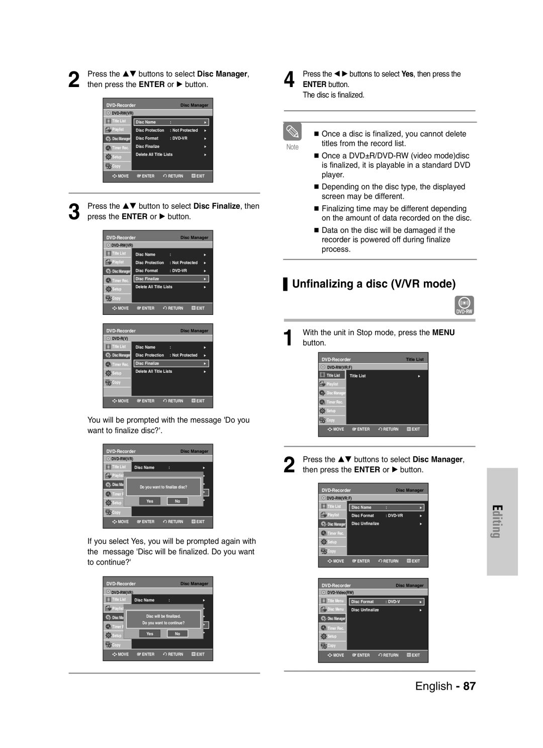 Samsung DVD-VR329 instruction manual Unfinalizing a disc V/VR mode, Dvd-Rv 