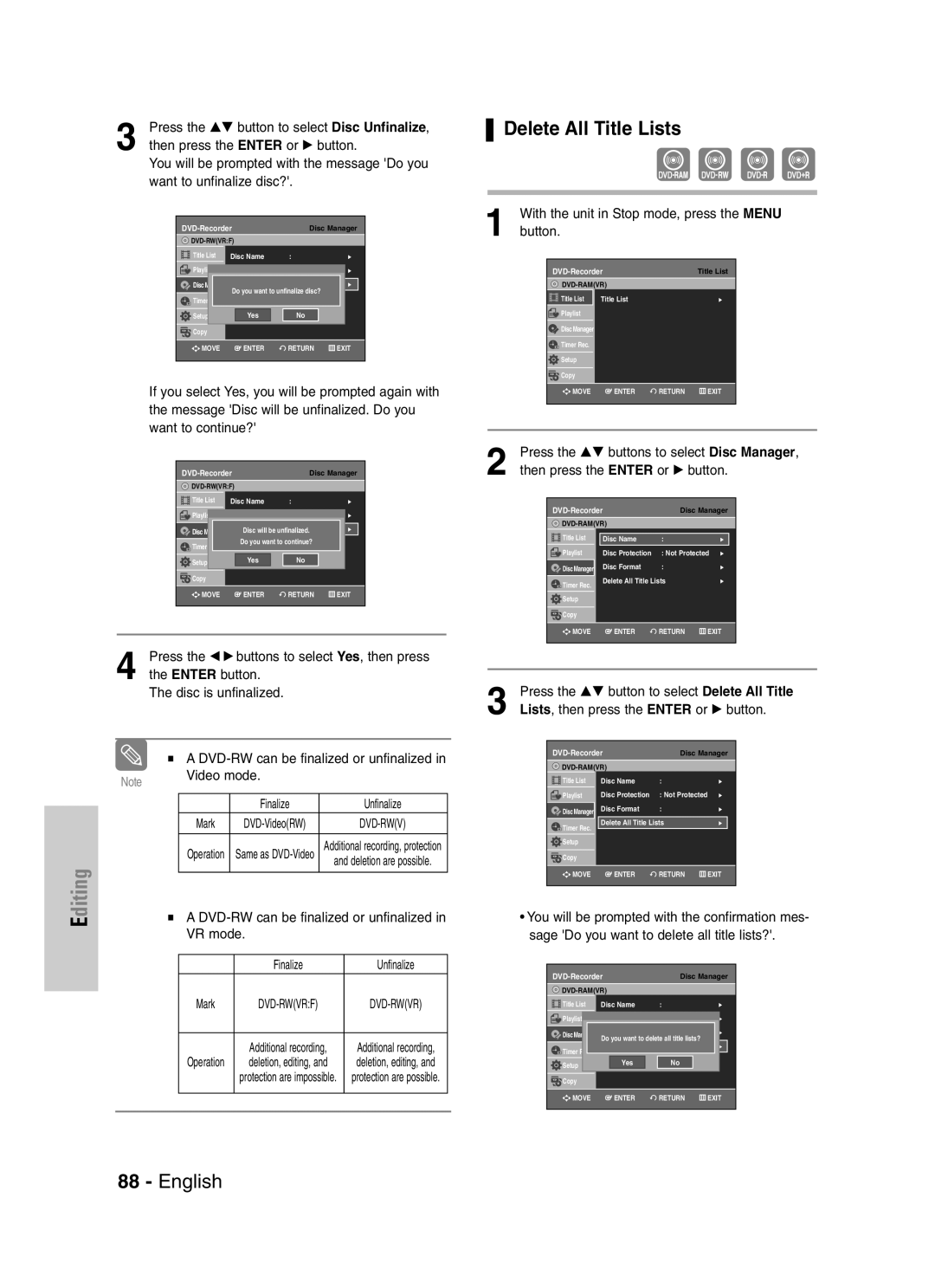 Samsung DVD-VR329 Delete All Title Lists, Press the …† button to select Disc Unfinalize, Want to unfinalize disc? 