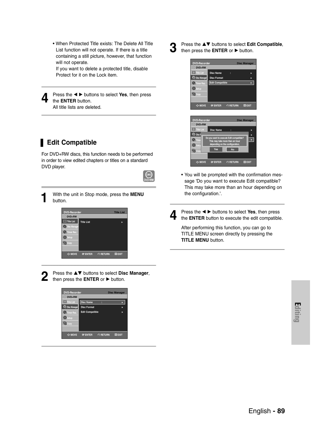 Samsung DVD-VR329 instruction manual Edit Compatible, Press the …† buttons to select Disc Manager, Title Menu button 