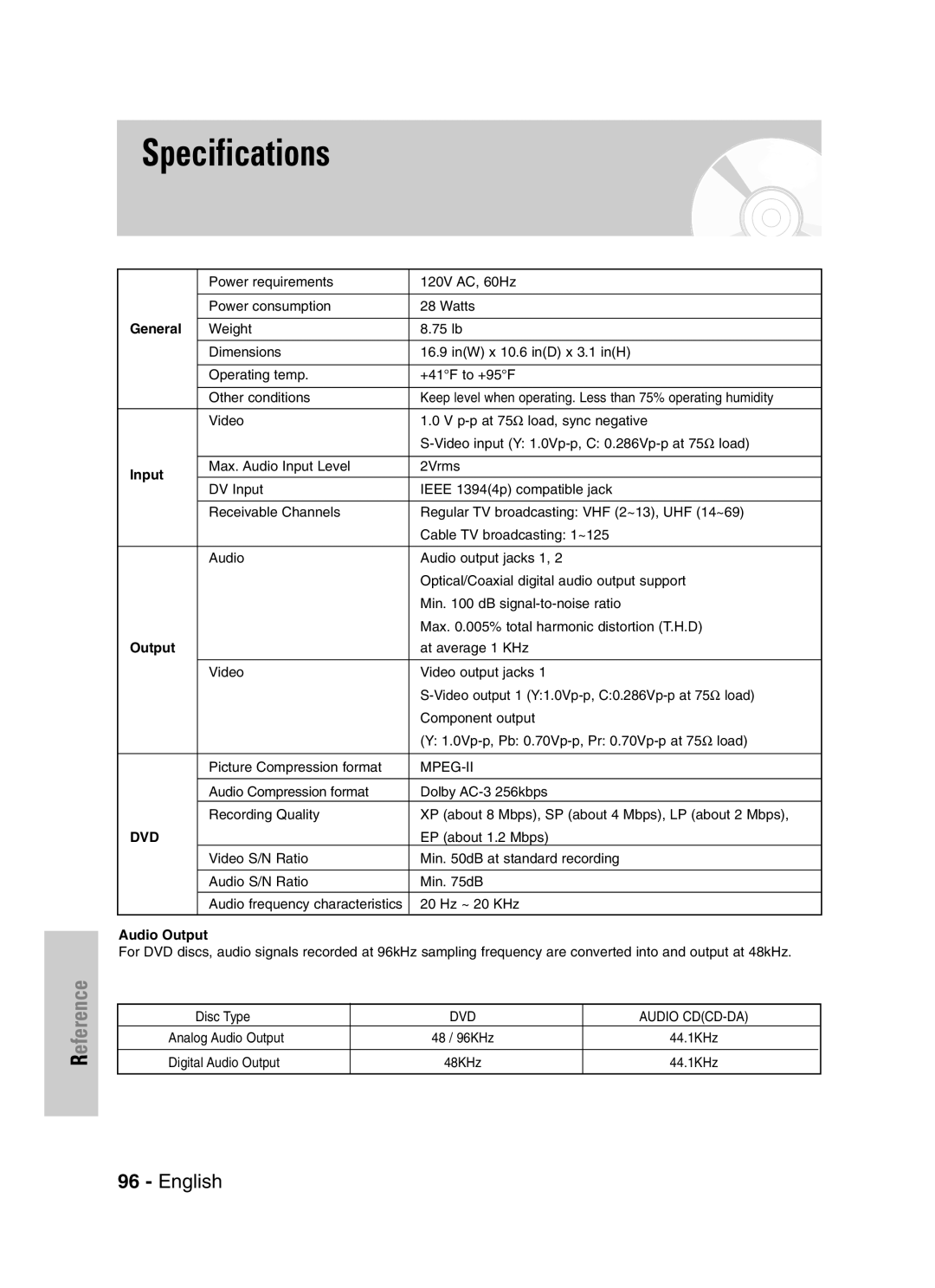 Samsung DVD-VR329 instruction manual Specifications, General, Input, Audio Output 