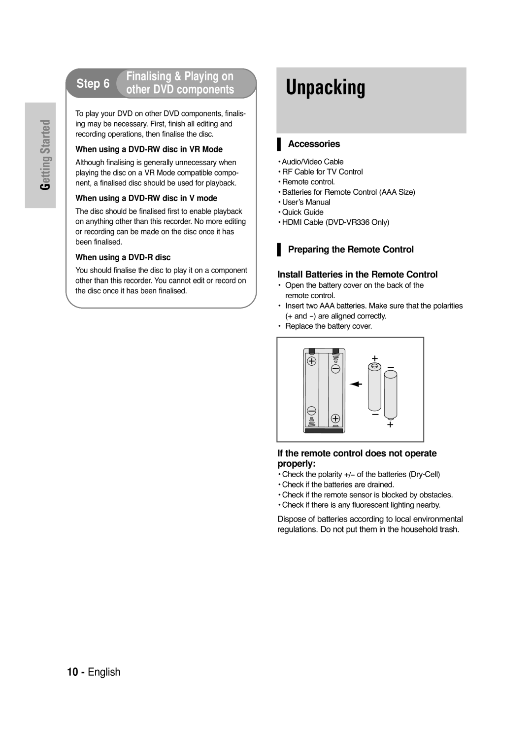 Samsung DVD-VR330/HAC, DVD-VR330/XEC, DVD-VR330/XSG manual Unpacking, Accessories 