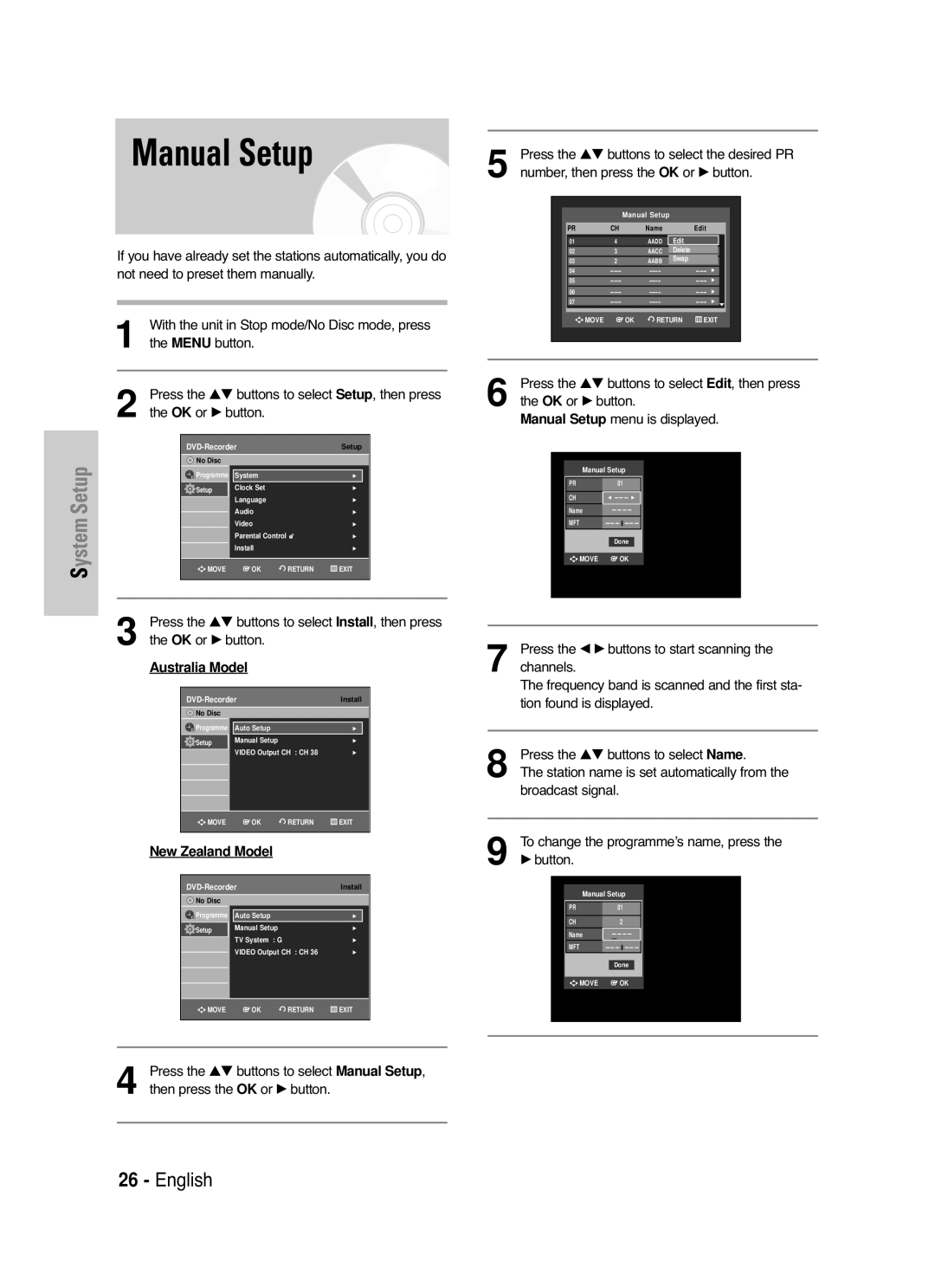 Samsung DVD-VR330/XSG Manual Setup, Press the …† buttons to select Edit , then press, OK or √ button, Menu is displayed 