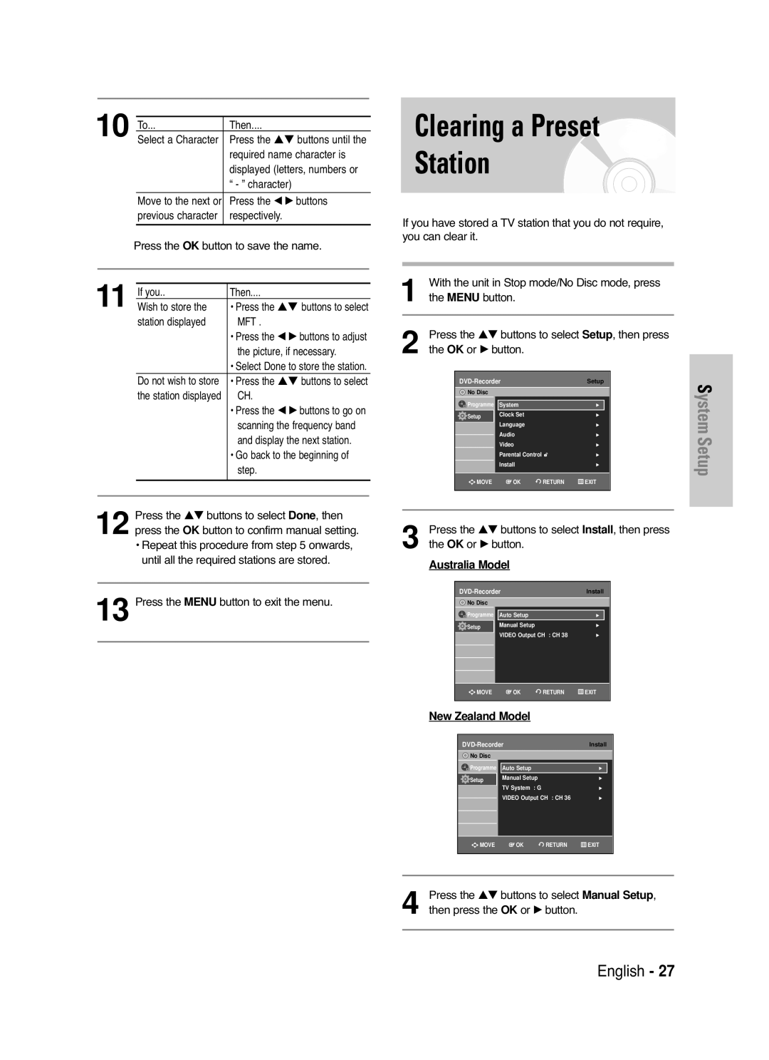 Samsung DVD-VR330/XEC, DVD-VR330/HAC, DVD-VR330/XSG manual Clearing a Preset Station, Then press the OK or √ button 