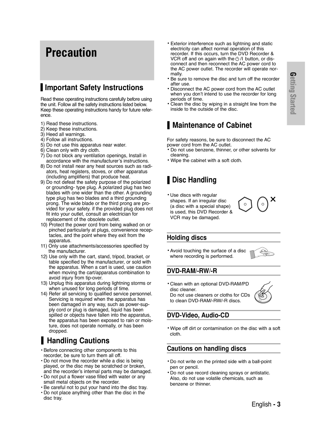 Samsung DVD-VR330/XEC, DVD-VR330/HAC, DVD-VR330/XSG manual Precaution, Holding discs, DVD-Video, Audio-CD 