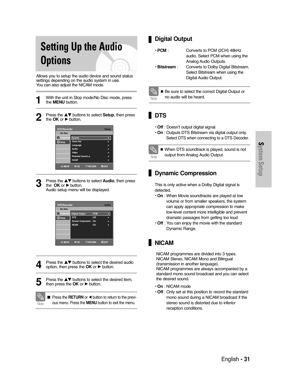 Samsung DVD-VR330/HAC, DVD-VR330/XEC manual Setting Up the Audio Options, Digital Output, Dynamic Compression, Bitstream 