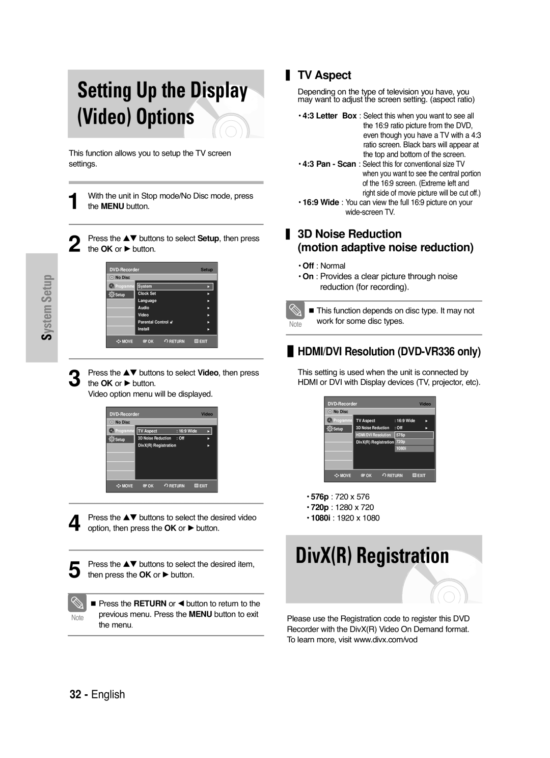 Samsung DVD-VR330/XSG, DVD-VR330/XEC, DVD-VR330/HAC DivXR Registration, Setting Up the Display Video Options, TV Aspect 