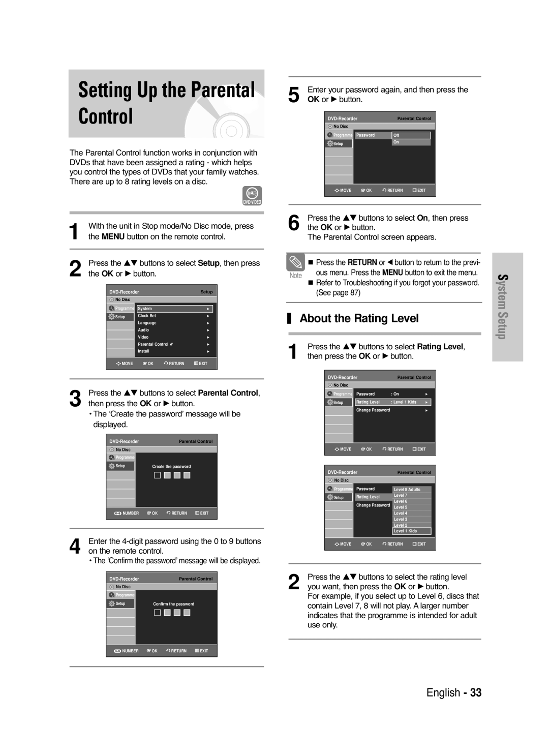 Samsung DVD-VR330/XEC Setting Up the Parental Control, About the Rating Level, Press the …† buttons to select Rating Level 