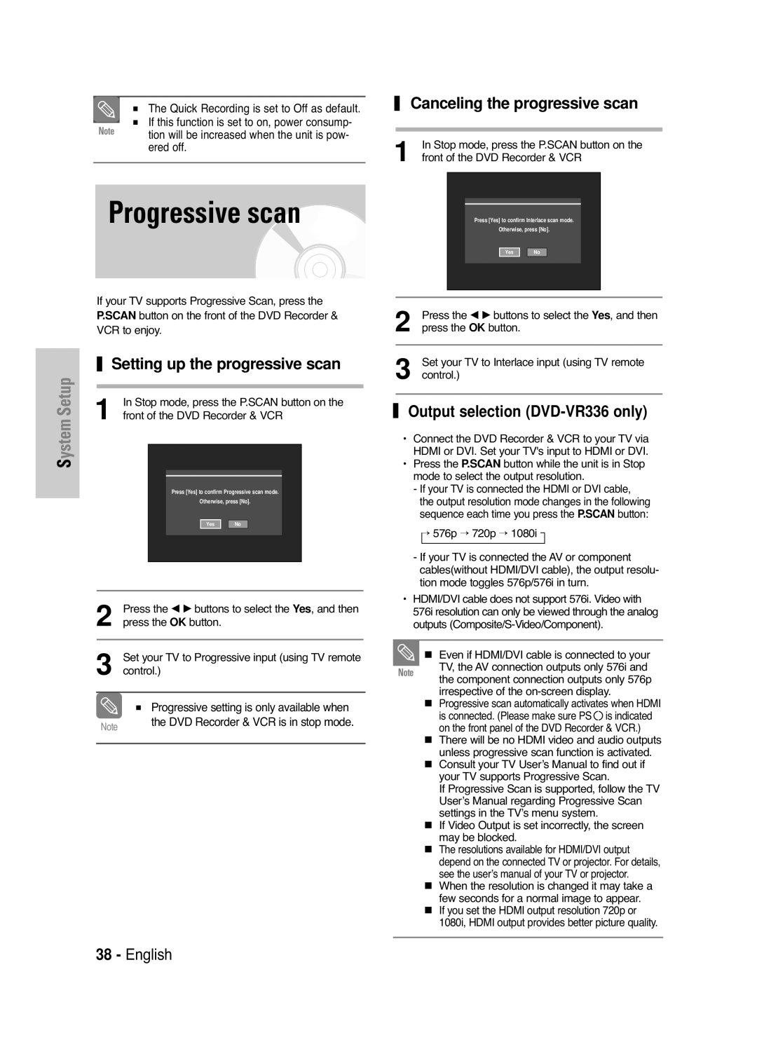 Samsung DVD-VR330/XSG, DVD-VR330/XEC Progressive scan, Canceling the progressive scan, Output selection DVD-VR336 only 