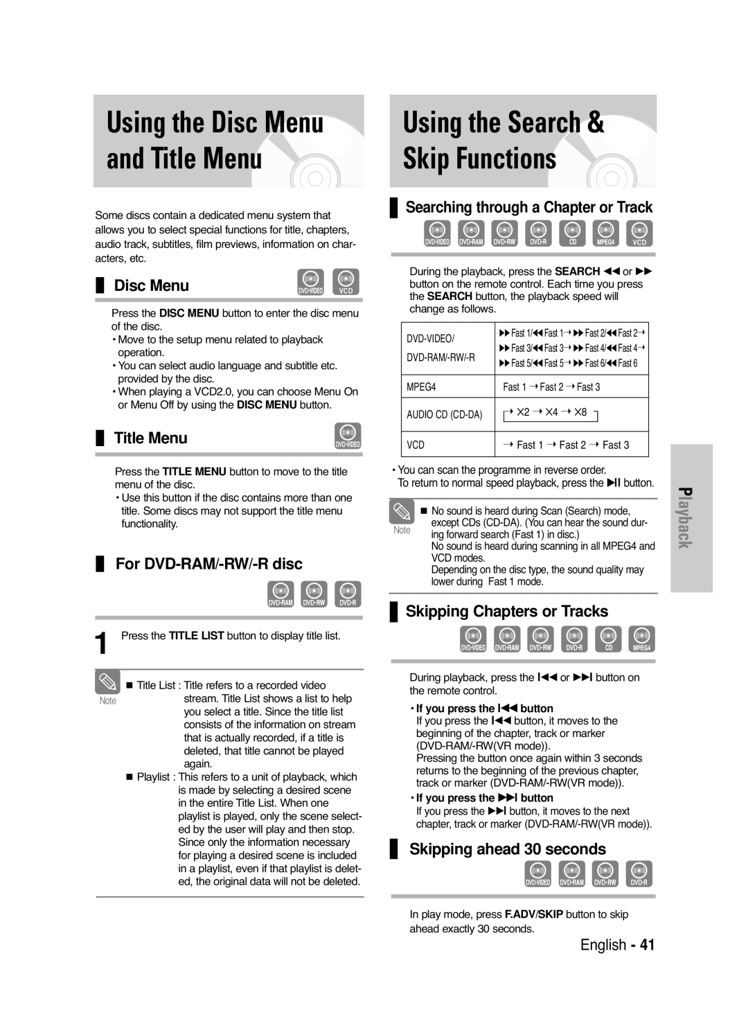 Samsung DVD-VR330/XSG, DVD-VR330/XEC, DVD-VR330/HAC Using the Search Skip Functions, Using the Disc Menu and Title Menu 