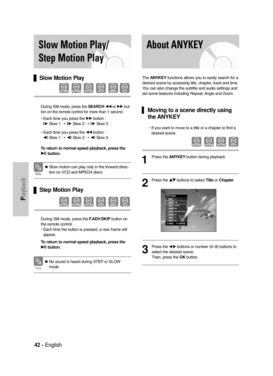 Samsung DVD-VR330/XEC manual Slow Motion Play Step Motion Play, About Anykey, Moving to a scene directly using the Anykey 