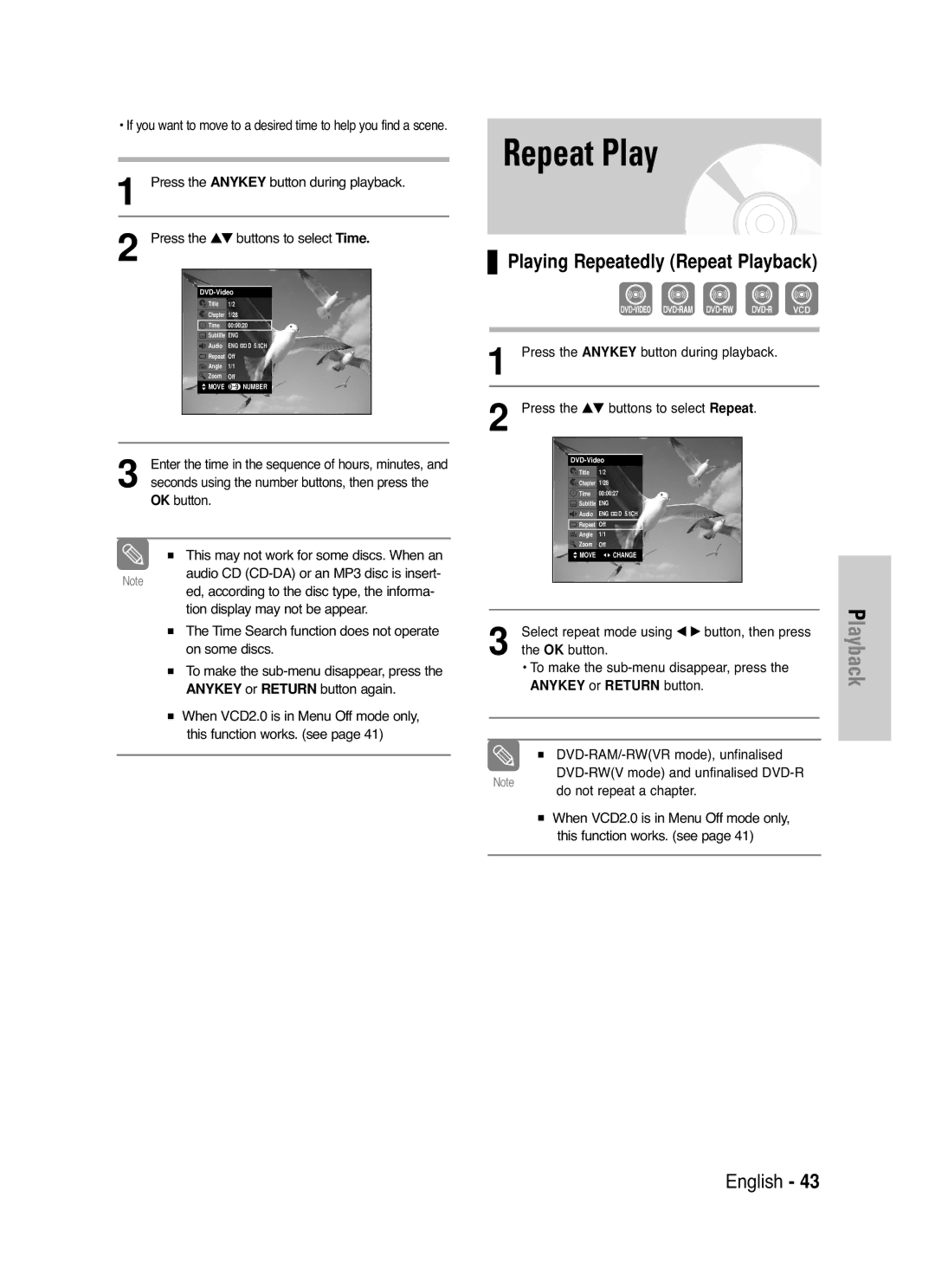 Samsung DVD-VR330/HAC Playing Repeatedly Repeat Playback, Press the …† buttons to select Time, Or Return Button again 