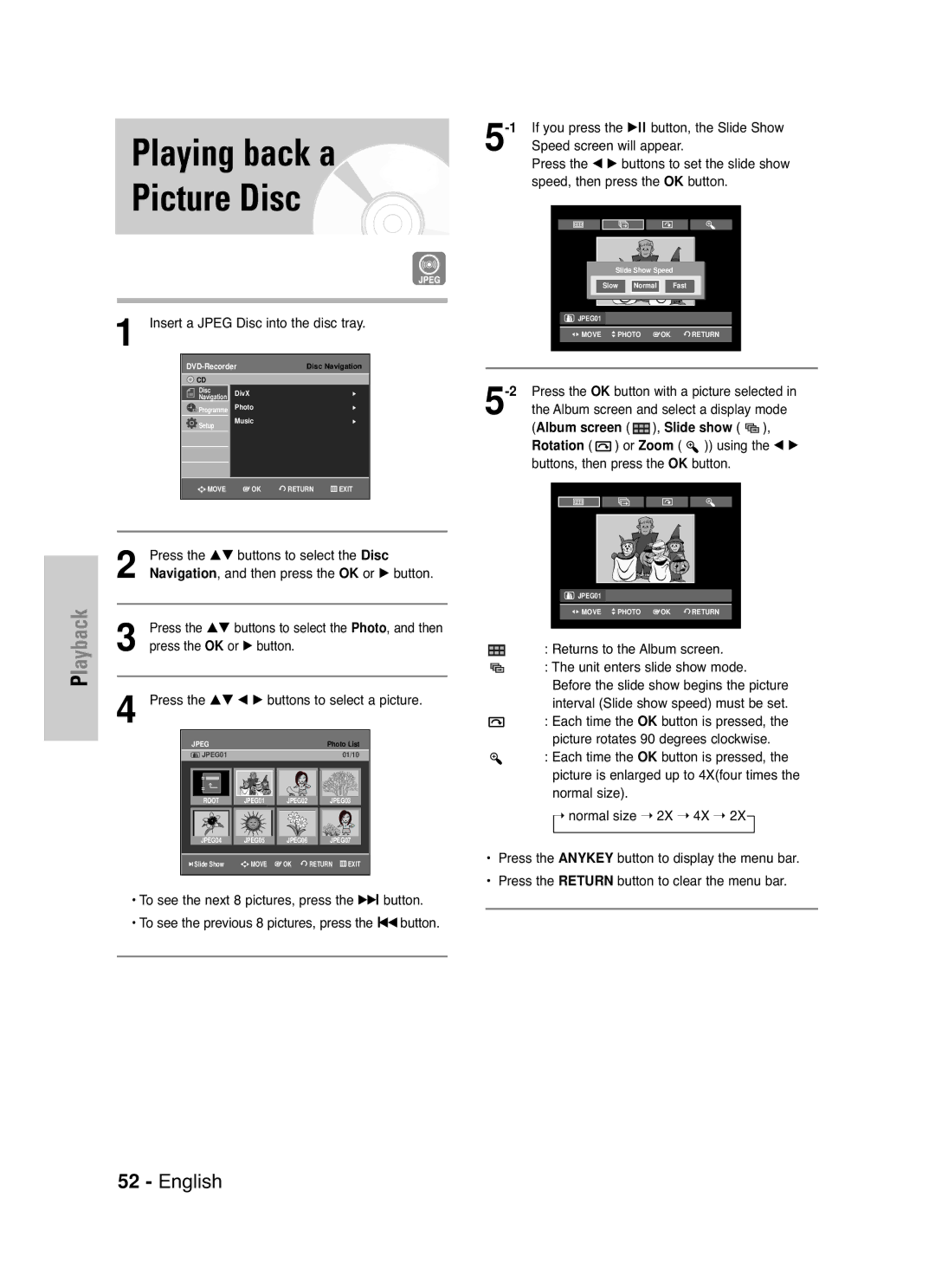 Samsung DVD-VR330/HAC, DVD-VR330/XEC, DVD-VR330/XSG manual Playing back a Picture Disc, Rotation 