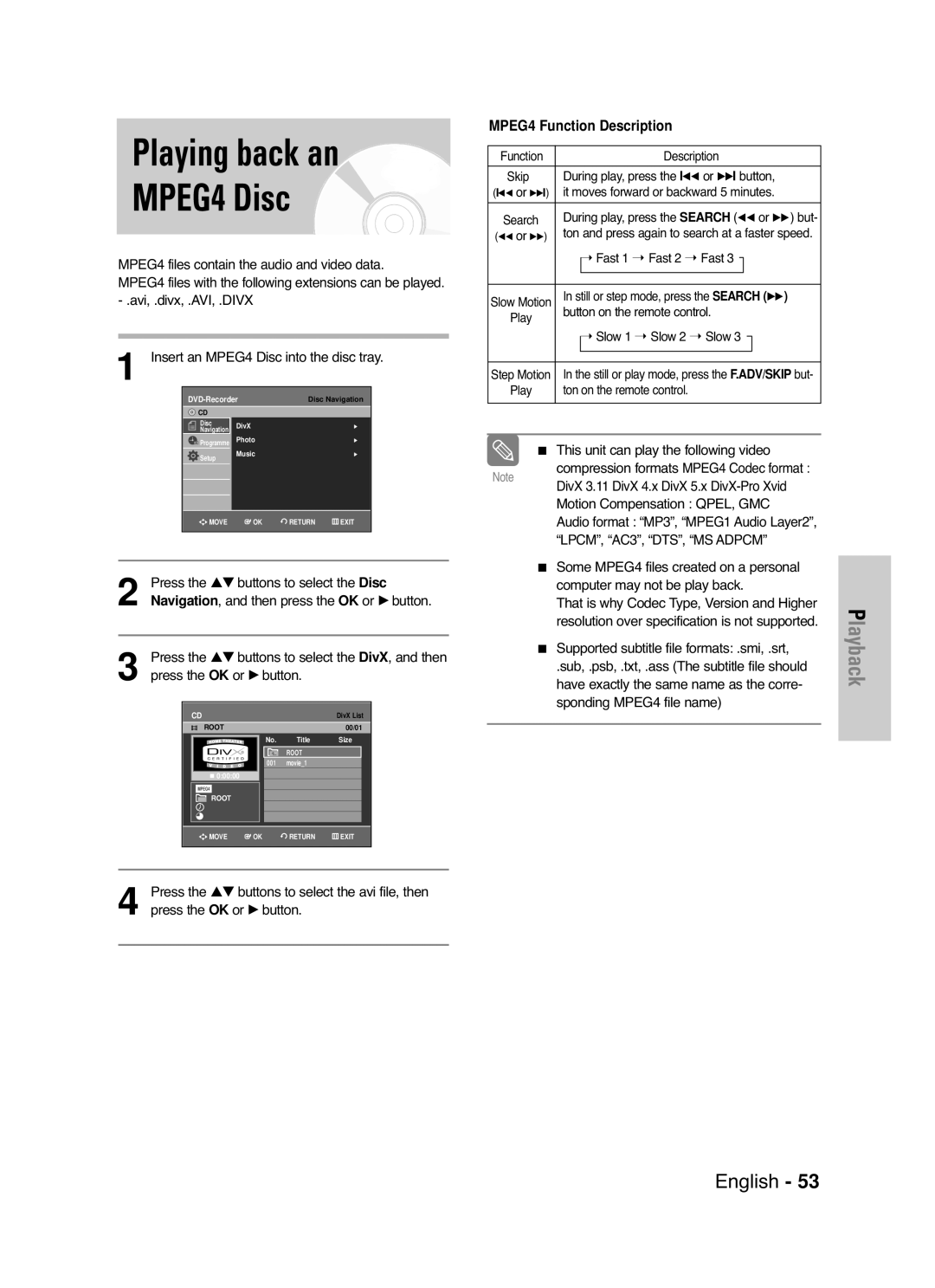 Samsung DVD-VR330/XSG, DVD-VR330/XEC, DVD-VR330/HAC Playing back an MPEG4 Disc, Insert an MPEG4 Disc into the disc tray 