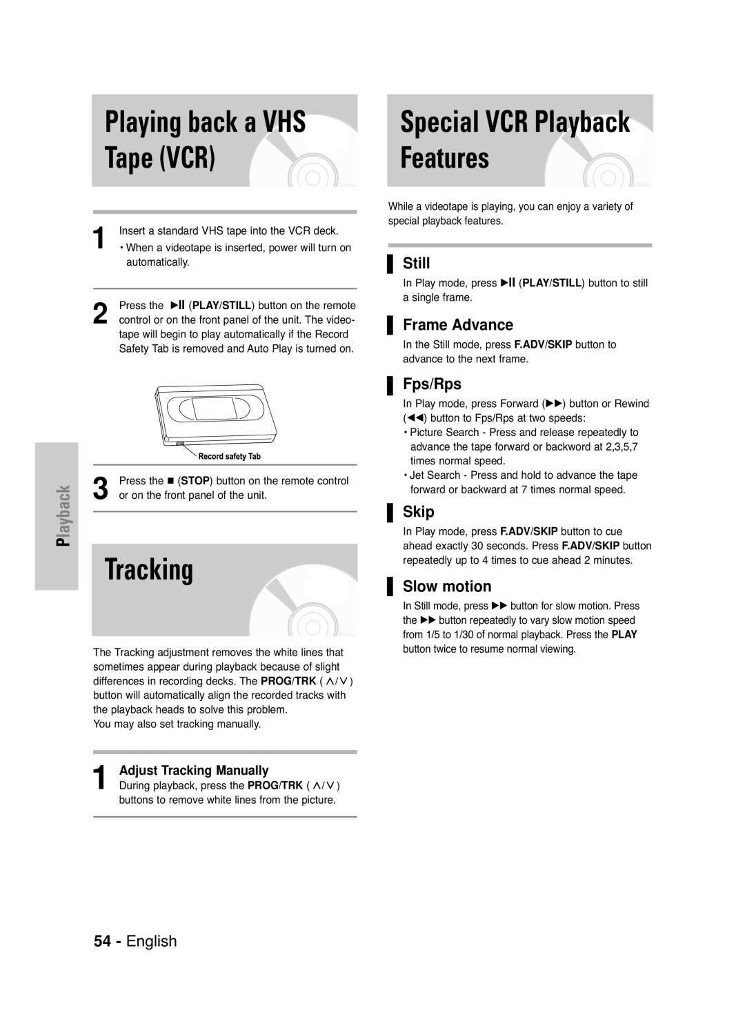 Samsung DVD-VR330/XEC, DVD-VR330/HAC, DVD-VR330/XSG Playing back a VHS, Tape VCR Features, Tracking, Special VCR Playback 