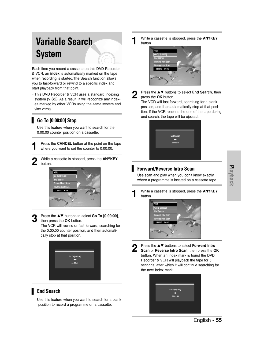 Samsung DVD-VR330/HAC, DVD-VR330/XEC, DVD-VR330/XSG Variable Search System, While a cassette is stopped, press the Anykey 