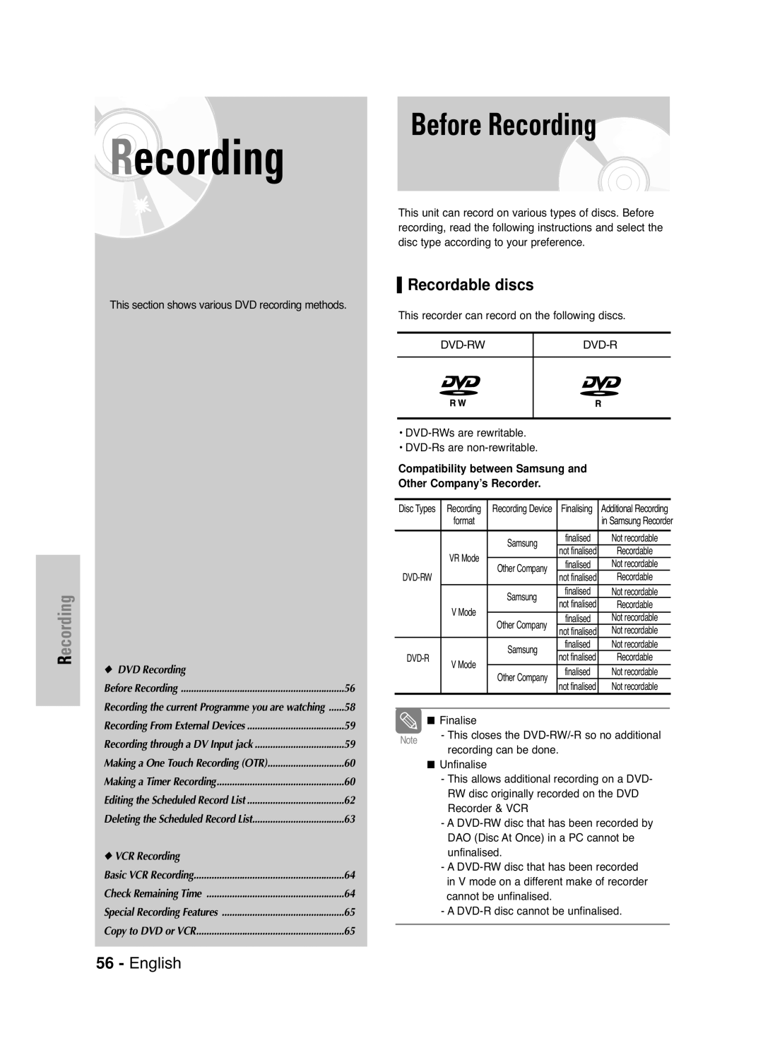 Samsung DVD-VR330/XSG manual Before Recording, Recordable discs, Compatibility between Samsung Other Company’s Recorder 