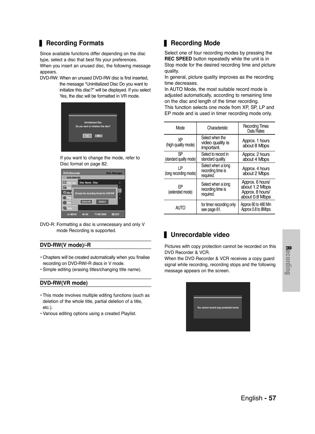 Samsung DVD-VR330/XEC, DVD-VR330/HAC Recording Formats, Recording Mode, Unrecordable video, DVD-RWV mode/-R, DVD-RWVR mode 