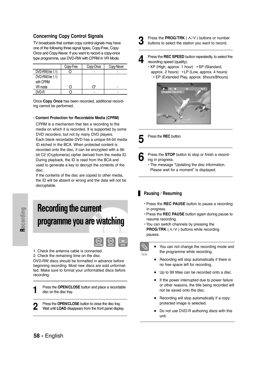 Samsung DVD-VR330/HAC, DVD-VR330/XEC, DVD-VR330/XSG manual Pausing / Resuming, Content Protection for Recordable Media Cprm 