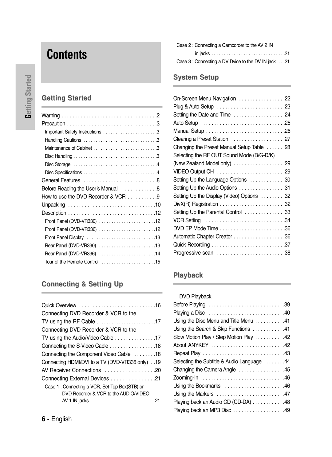 Samsung DVD-VR330/XEC, DVD-VR330/HAC, DVD-VR330/XSG manual Contents 