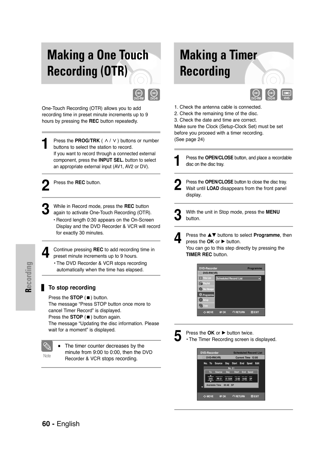 Samsung DVD-VR330/XEC, DVD-VR330/HAC, DVD-VR330/XSG manual Making a One Touch, Recording OTR 