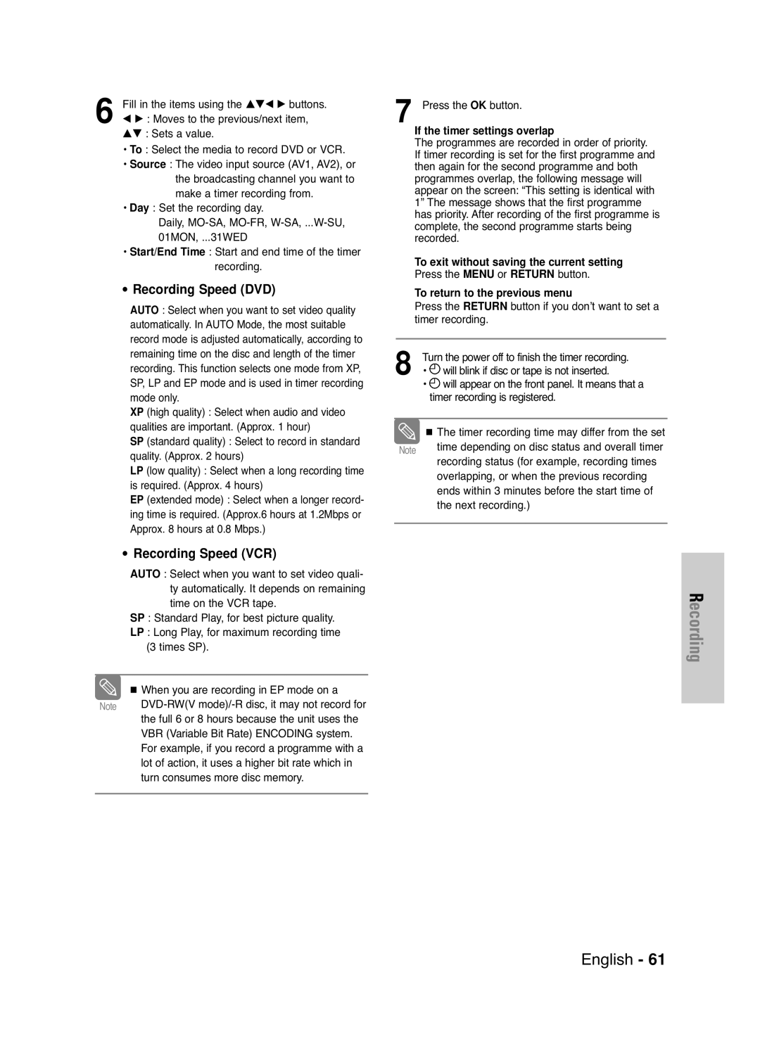 Samsung DVD-VR330/HAC, DVD-VR330/XEC Recording Speed DVD, Recording Speed VCR, If the timer settings overlap, Or Return 