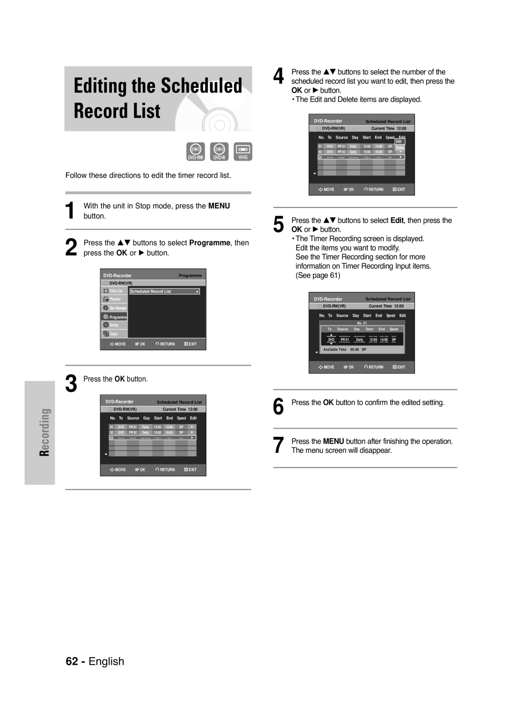 Samsung DVD-VR330/XSG manual Press the …† buttons to select the number, OK or √ button Edit and Delete items are displayed 