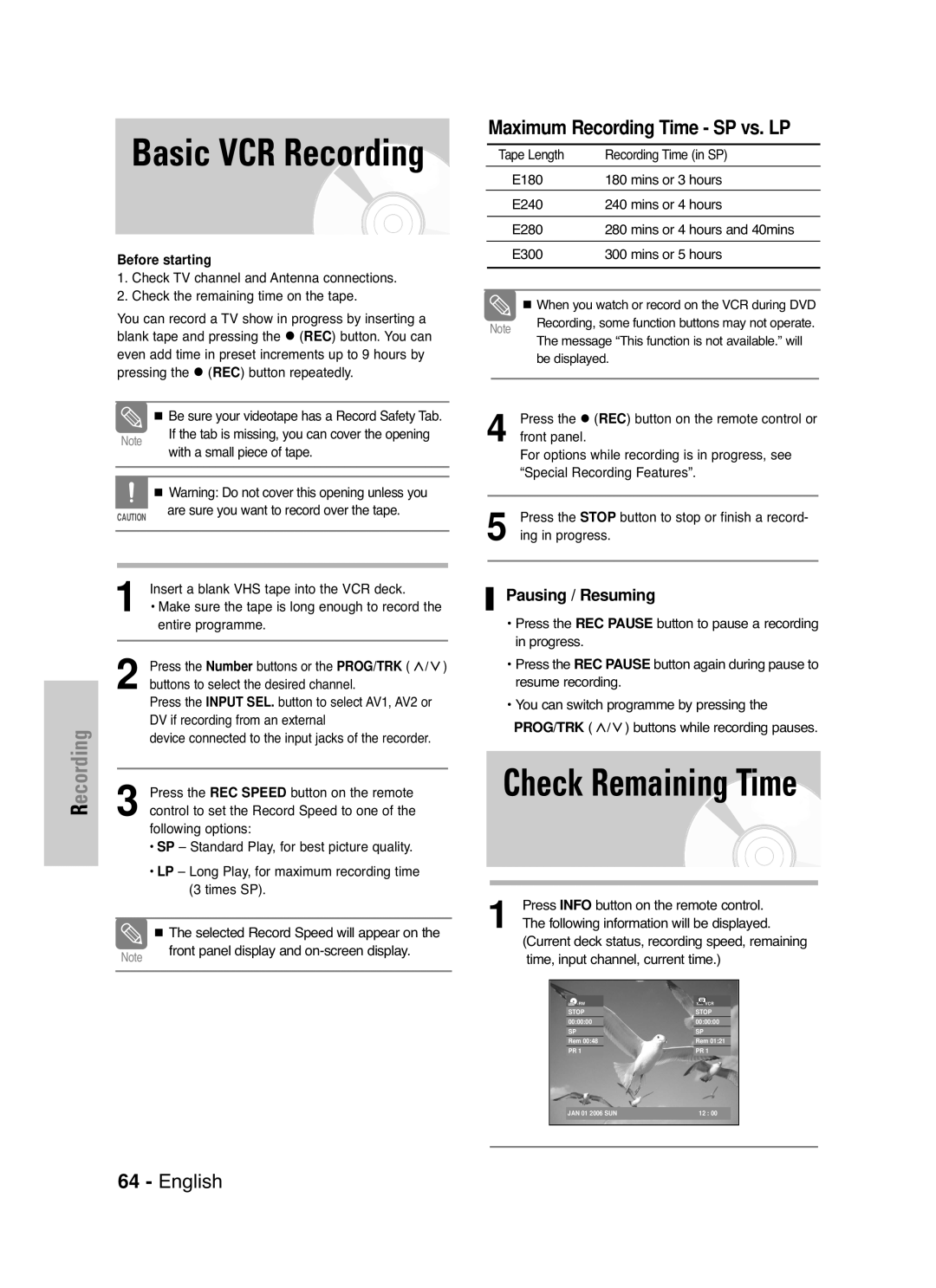 Samsung DVD-VR330/HAC Check Remaining Time, Press Info button on the remote control, Time, input channel, current time 