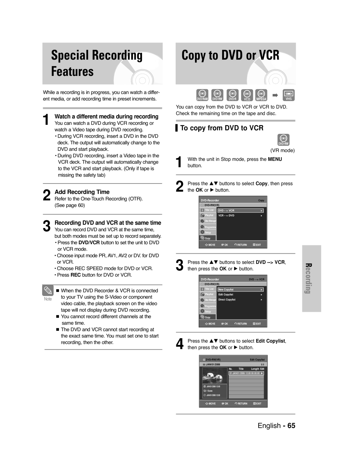 Samsung DVD-VR330/XSG, DVD-VR330/XEC, DVD-VR330/HAC manual Special Recording, Copy to DVD or VCR, To copy from DVD to VCR 