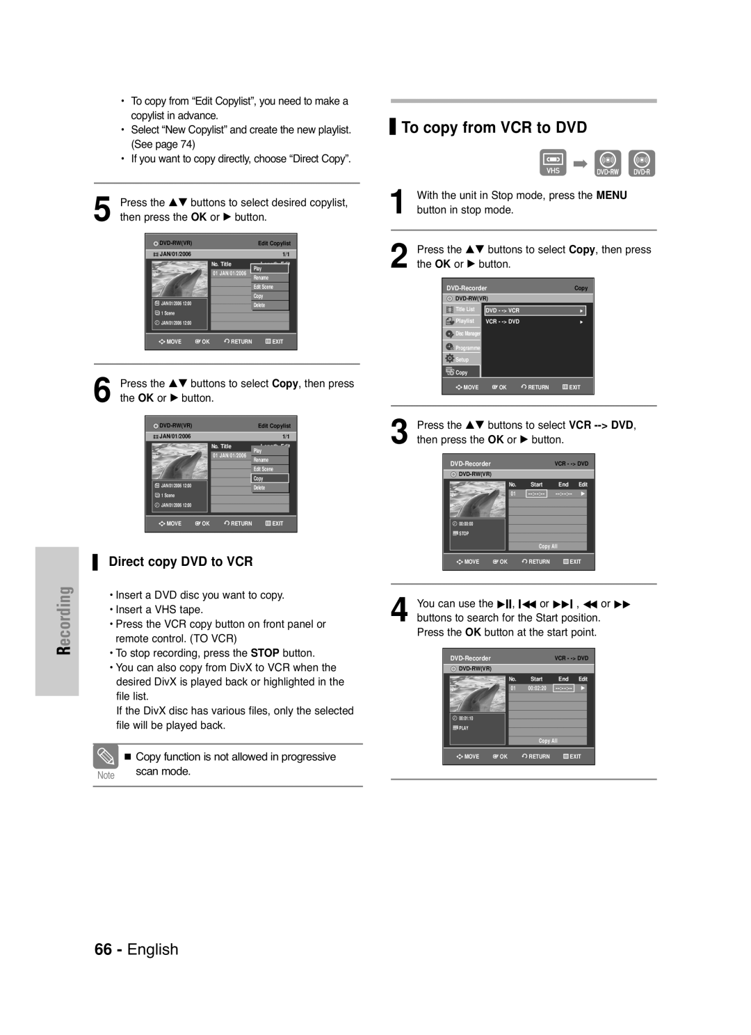 Samsung DVD-VR330/XEC, DVD-VR330/HAC, DVD-VR330/XSG manual To copy from VCR to DVD, Direct copy DVD to VCR 