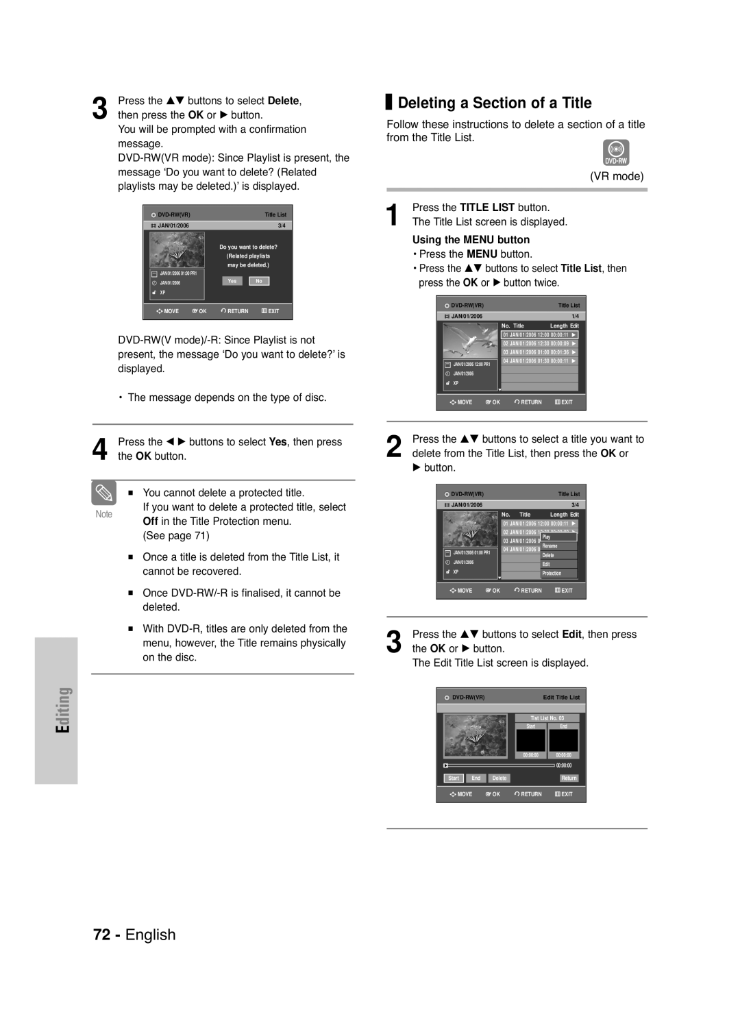 Samsung DVD-VR330/XEC, DVD-VR330/HAC, DVD-VR330/XSG manual Deleting a Section of a Title 