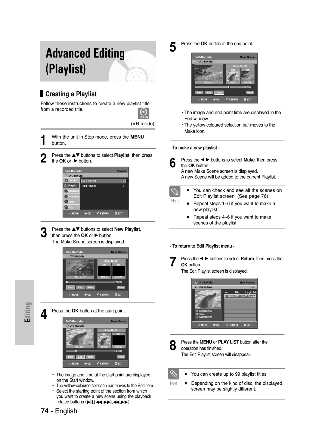 Samsung DVD-VR330/XSG manual Creating a Playlist, Button at the end point, Or √ button Make Scene screen is displayed 