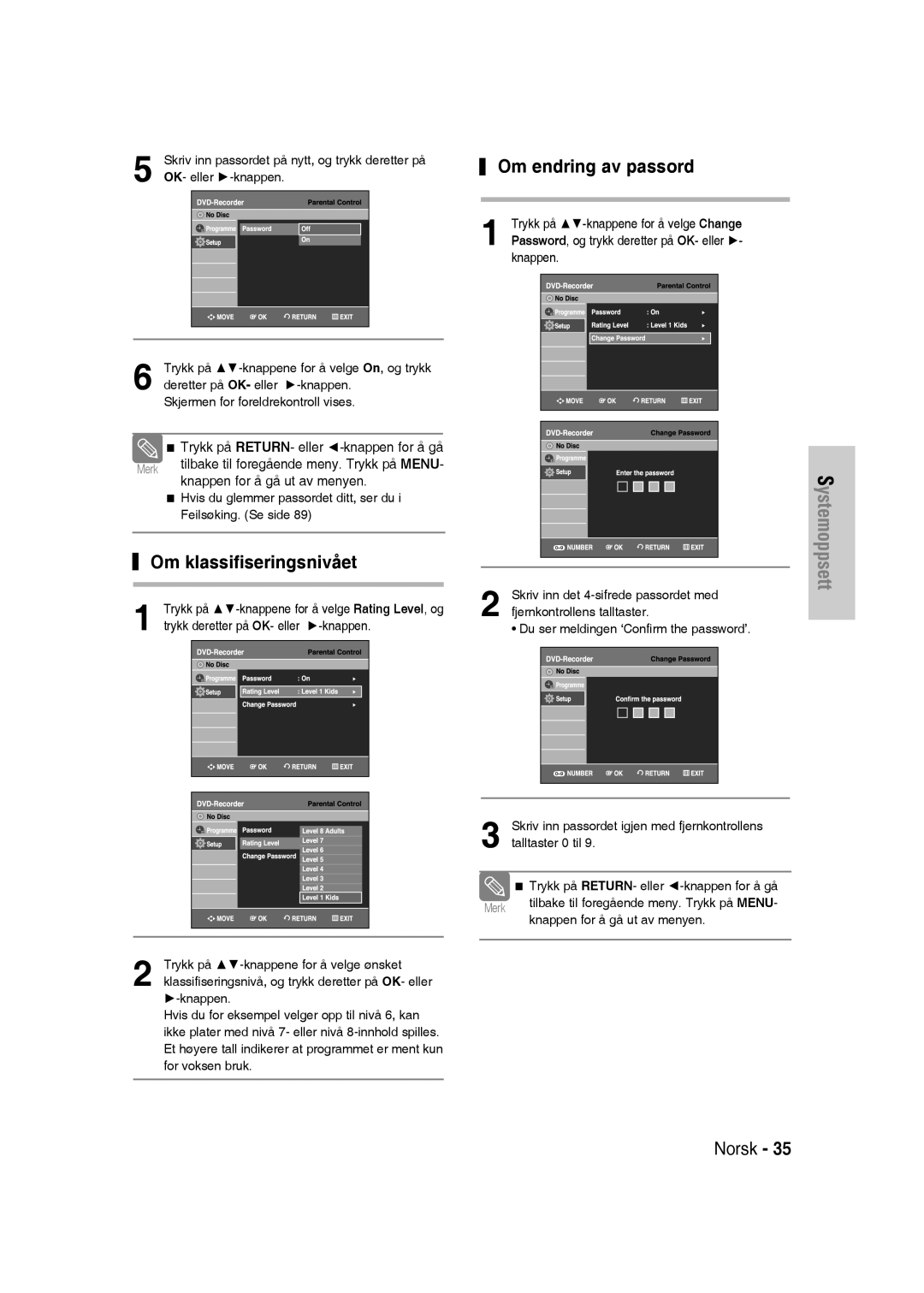 Samsung DVD-VR330/XEE manual Om klassifiseringsnivået, Om endring av passord, Trykk på RETURN- eller -knappen for å gå 