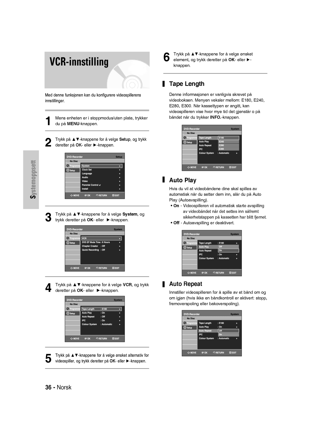 Samsung DVD-VR336/XEE, DVD-VR330/XEE manual VCR-innstilling, Tape Length 