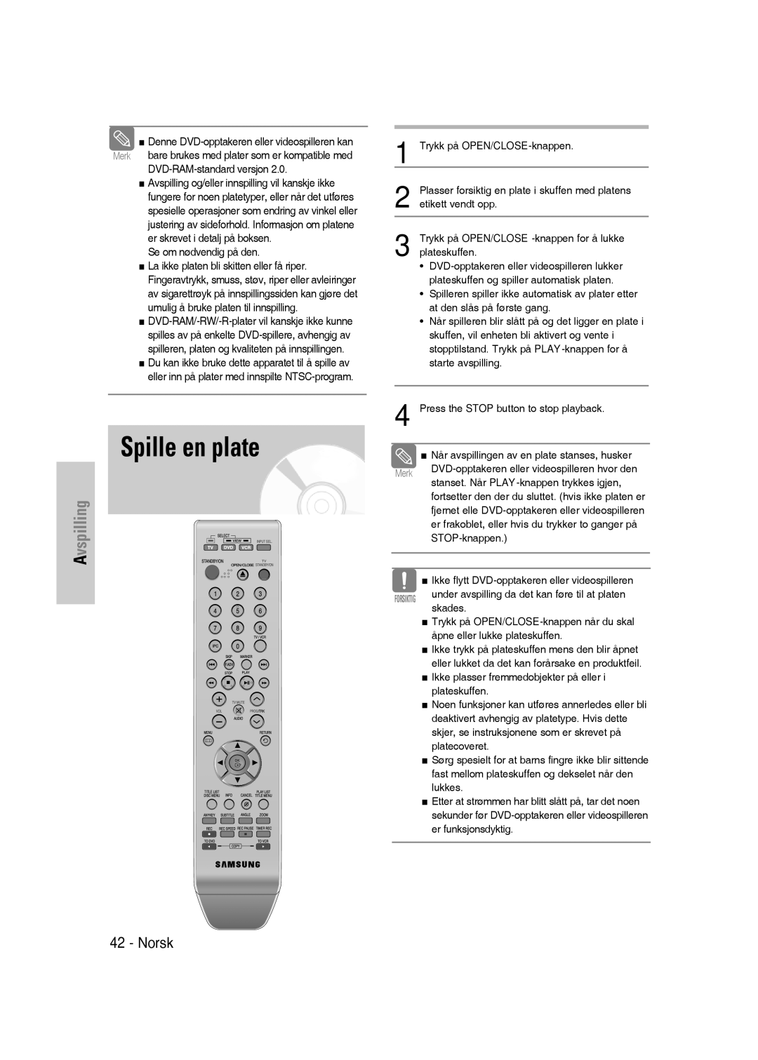 Samsung DVD-VR336/XEE, DVD-VR330/XEE manual Spille en plate, DVD-RAM-standard versjon, Se om nødvendig på den 