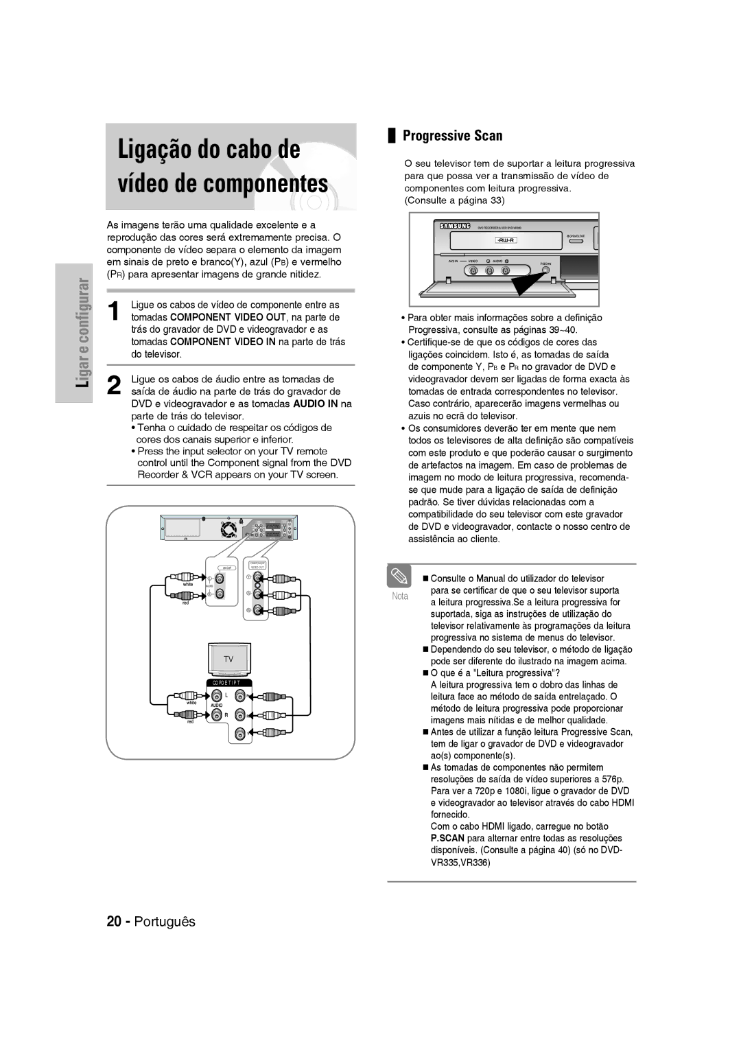 Samsung DVD-VR330/XEN, DVD-VR330/XEG, DVD-VR330/XEB, DVD-VR330/XET Ligação do cabo de vídeo de componentes, Progressive Scan 