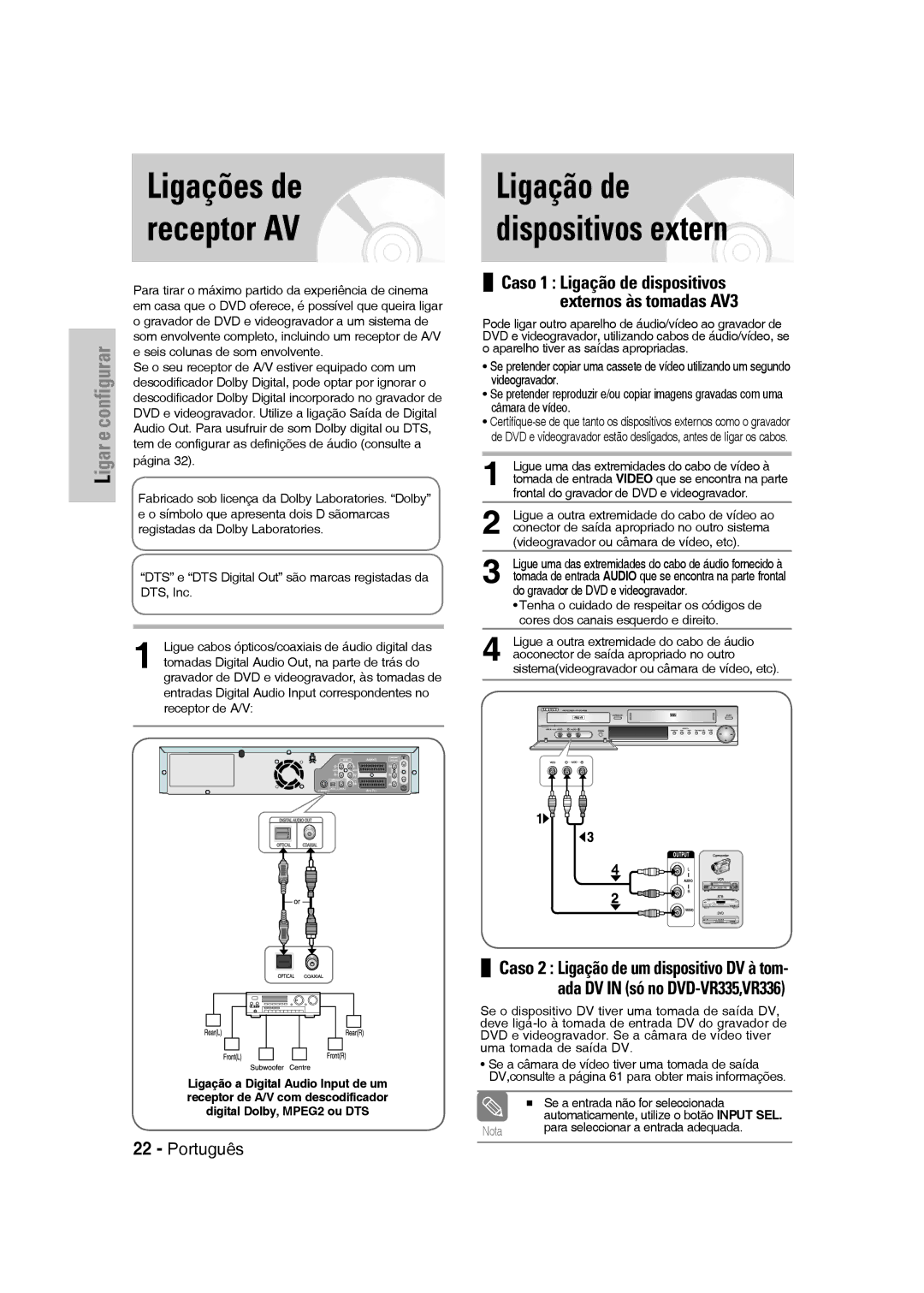 Samsung DVD-VR330/XEB, DVD-VR330/XEG, DVD-VR330/XET, DVD-VR330/XEF Ligações de receptor AV, Ligação de dispositivos extern 