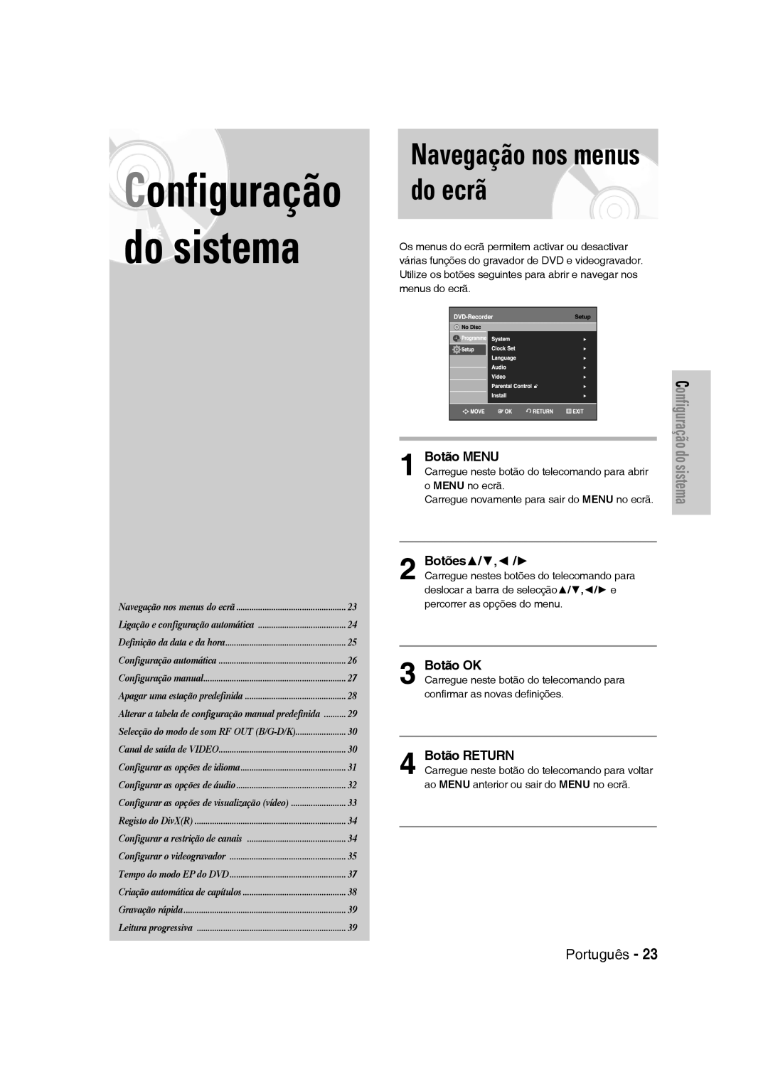 Samsung DVD-VR330/XET manual Navegação nos menus do ecrã, Botões, Botão OK, Carregue novamente para sair do Menu no ecrã 