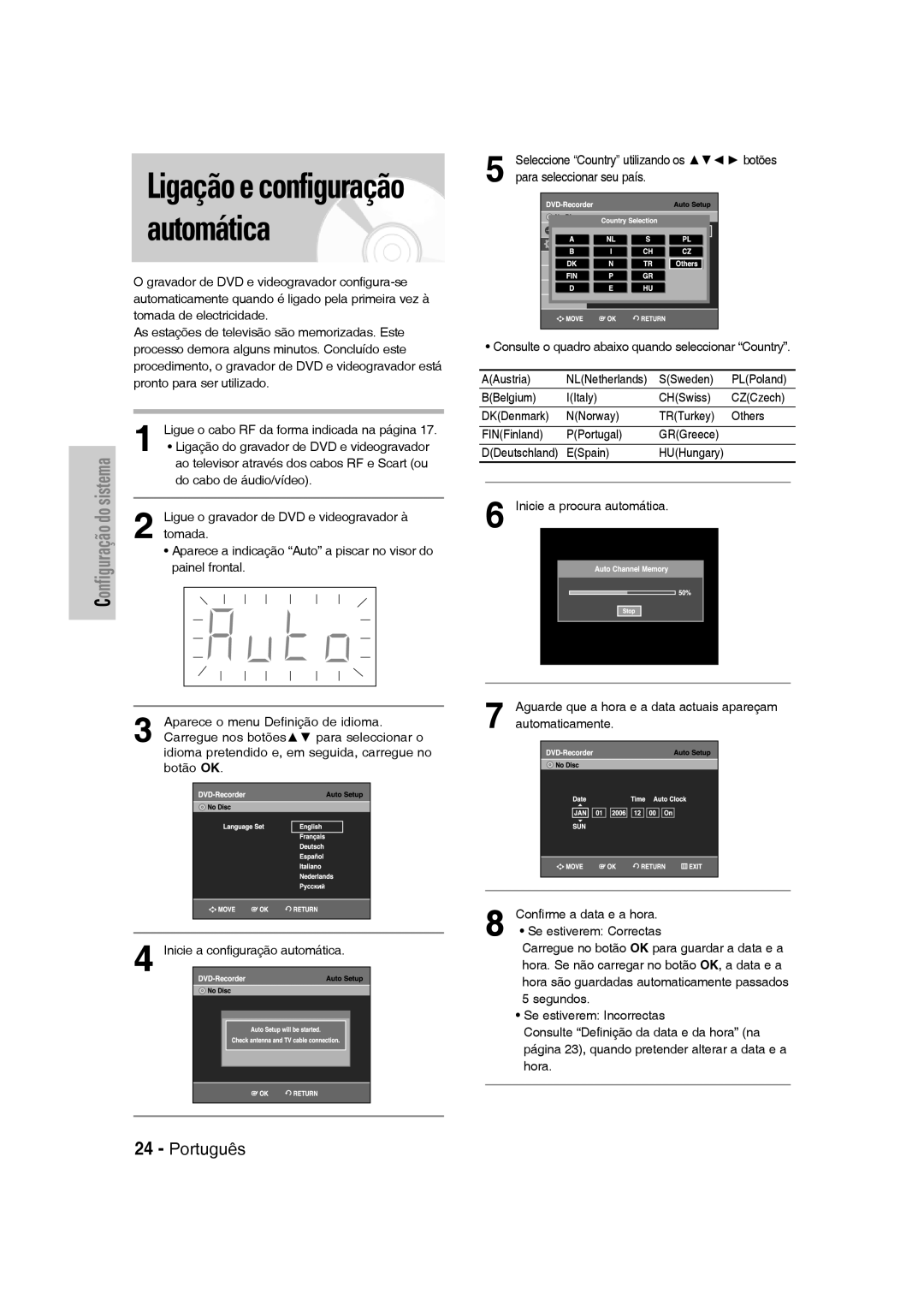 Samsung DVD-VR330/XEF, DVD-VR330/XEG, DVD-VR330/XEB, DVD-VR330/XET, DVD-VR330/XEH manual Ligação e configuração automática 