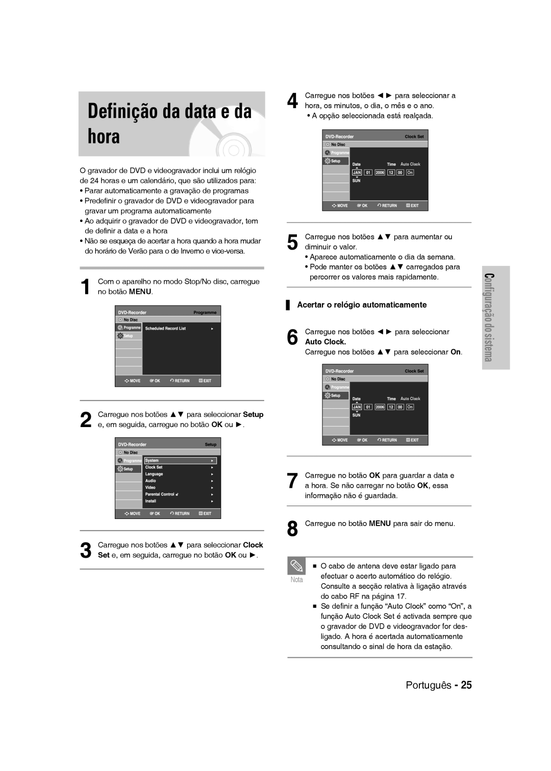 Samsung DVD-VR330/XEH, DVD-VR330/XEG manual Definição da data e da hora, Auto Clock, Carregue nos botões para seleccionar On 
