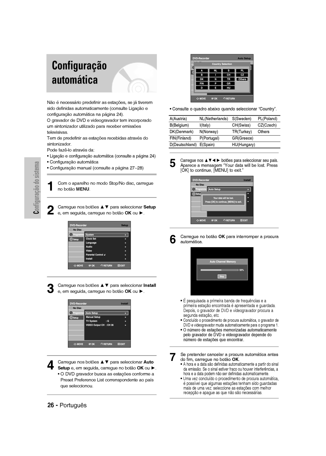 Samsung DVD-VR331/XET, DVD-VR330/XEG manual Configuração Automática, ESpain HUHungary, Número de estações que encontrar 