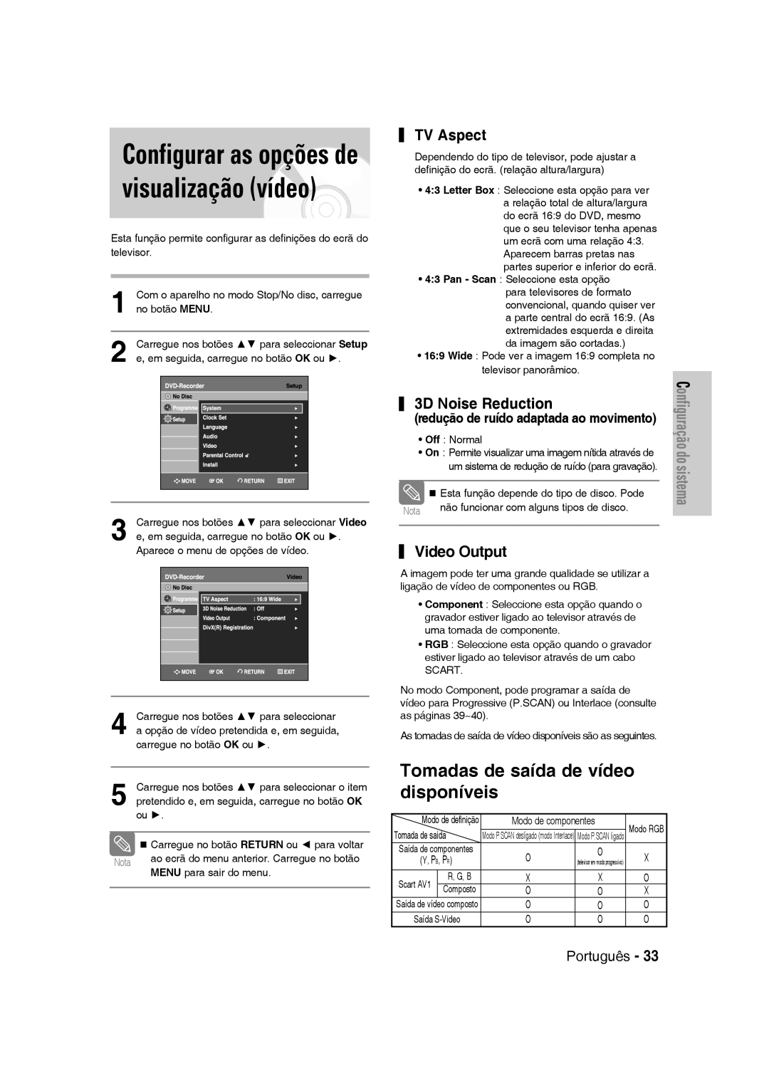 Samsung DVD-VR330/XEN manual Configurar as opções de visualização vídeo, TV Aspect, 3D Noise Reduction, Video Output 