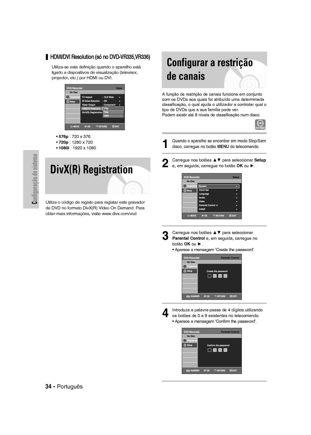 Samsung DVD-VR330/XEG DivXR Registration, Configurar a restrição de canais, HDMI/DVI Resolution só no DVD-VR335,VR336 