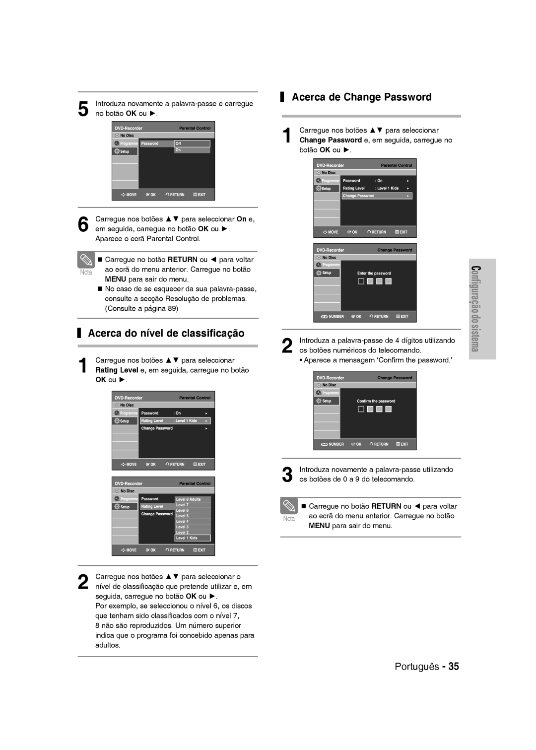 Samsung DVD-VR330/XEB, DVD-VR330/XEG, DVD-VR330/XET manual Acerca do nível de classificação, Acerca de Change Password 