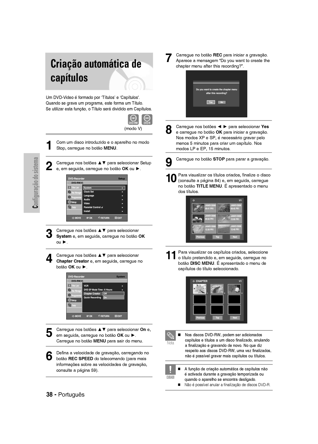 Samsung DVD-VR330/XEH, DVD-VR330/XEG, DVD-VR330/XEB, DVD-VR330/XET, DVD-VR330/XEF manual Criação automática de capítulos 