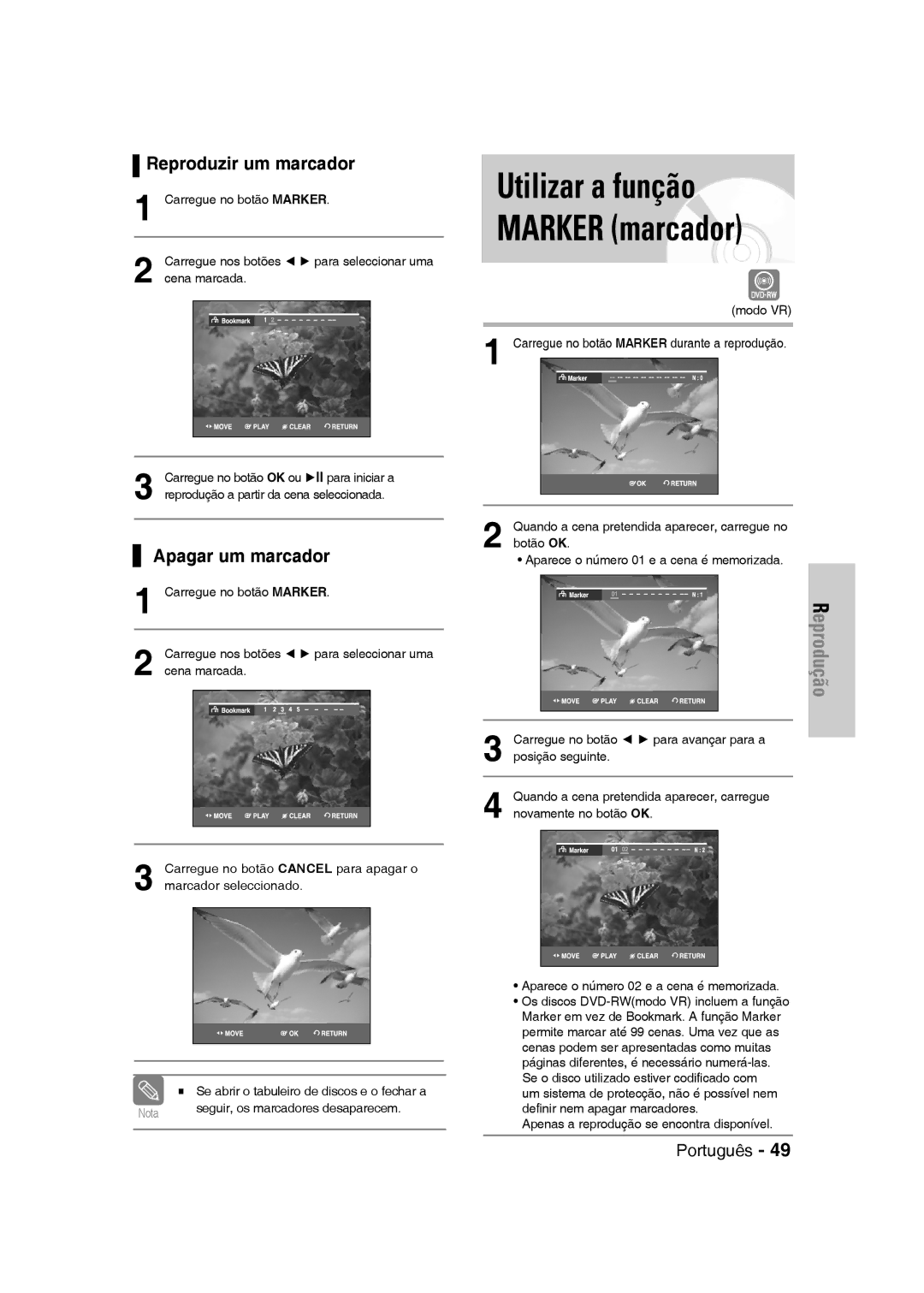 Samsung DVD-VR330/XET, DVD-VR330/XEG manual Utilizar a função Marker marcador, Reproduzir um marcador, Apagar um marcador 