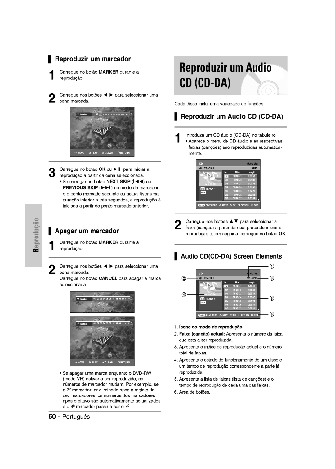 Samsung DVD-VR330/XEF, DVD-VR330/XEG, DVD-VR330/XEB manual Reproduzir um Audio CD CD-DA, Audio CDCD-DA Screen Elements 