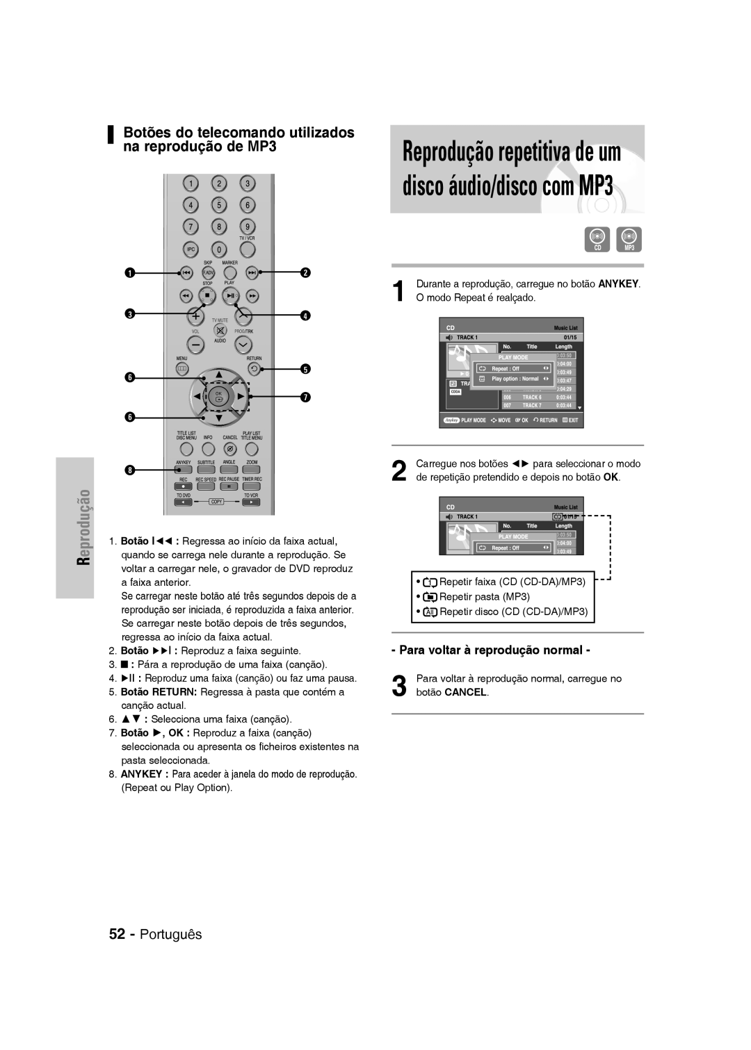 Samsung DVD-VR331/XET manual Botões do telecomando utilizados na reprodução de MP3, Para voltar à reprodução normal 