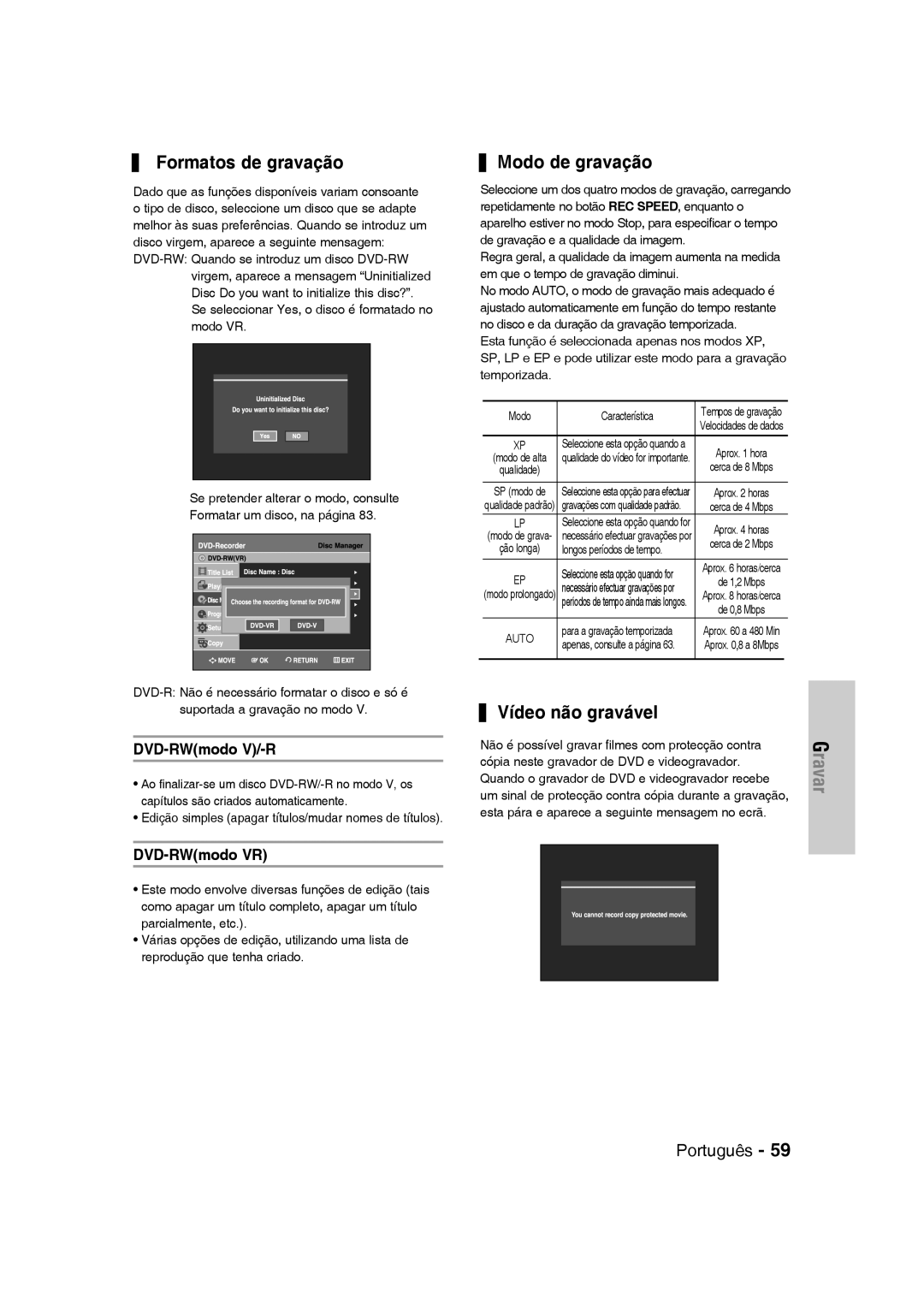 Samsung DVD-VR330/XEN manual Formatos de gravação, Modo de gravação, Vídeo não gravável, DVD-RWmodo V/-R, DVD-RWmodo VR 